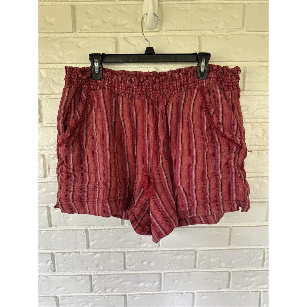 BRIGGS Women's 2XL Red Vertical Stripe Elastic Waist‎ Linen Shorts Beach Resort